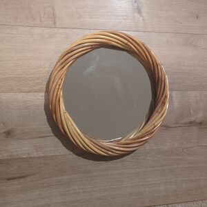 Round Rattan Framed Hanging Wall Mirror 11.5 in. Vintage Boho Handwoven